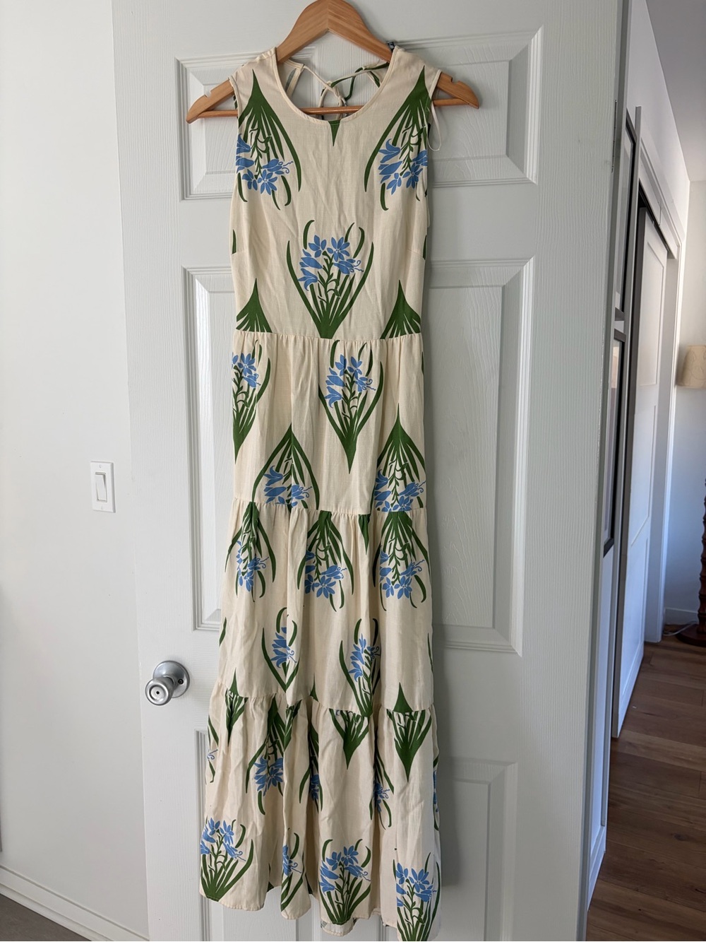 Zara Cream Maxi Dress with Blue Floral & Green Leaf Print